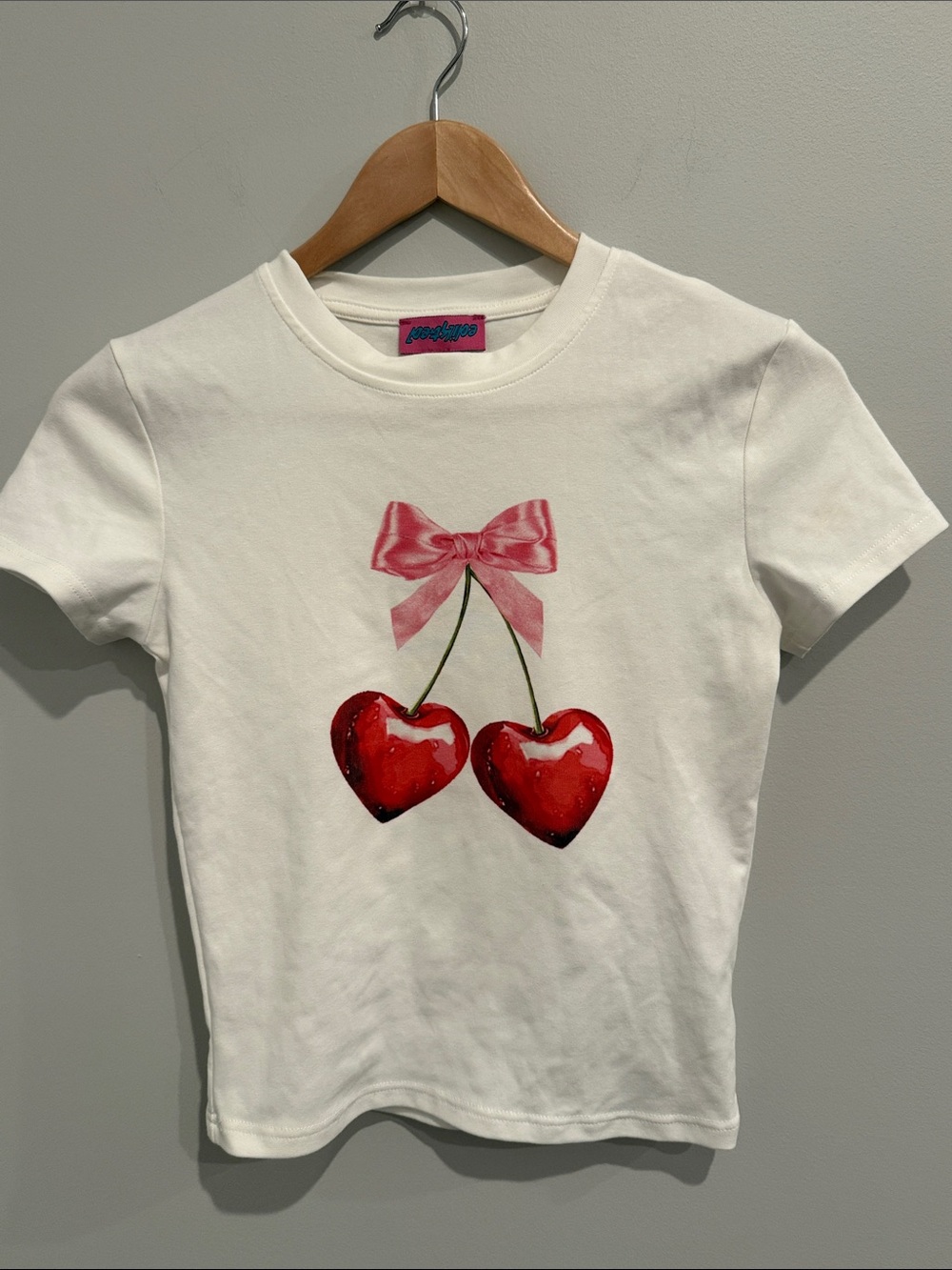 Edikted White Tee with Pink Bow & Red Cherry Hearts - Never Worn